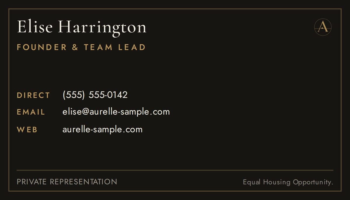 Business card, agent side: Elise Harrington, Founder & Team Lead, with her direct line, email and web address