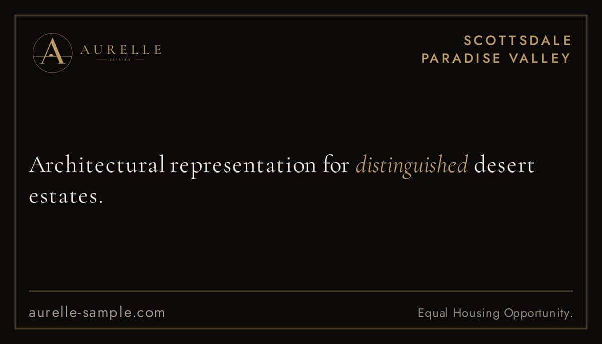 Business card, team side: the Aurelle logo and 'Architectural representation for distinguished desert estates.'