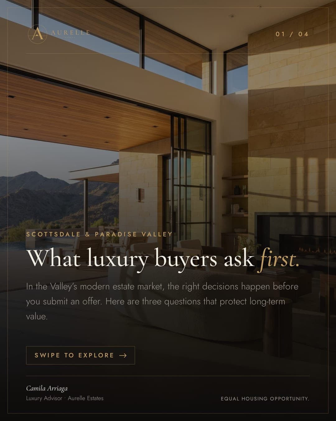 Carousel slide 1: 'What luxury buyers ask first.' over a great room photo