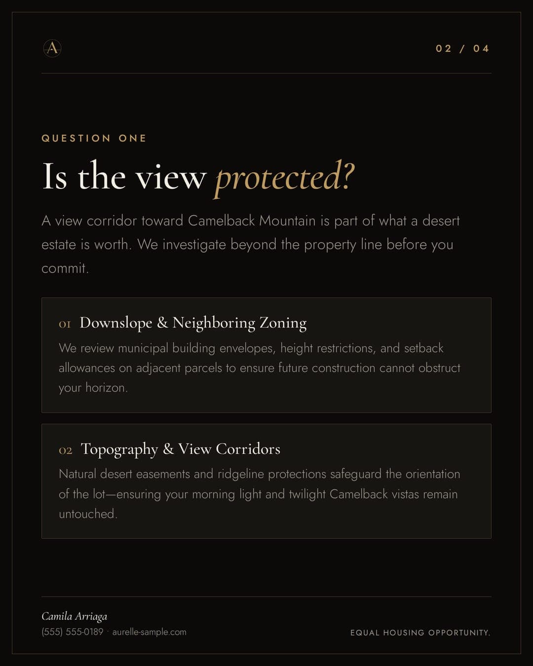Carousel slide 2: 'Is the view protected?' with two short answer panels
