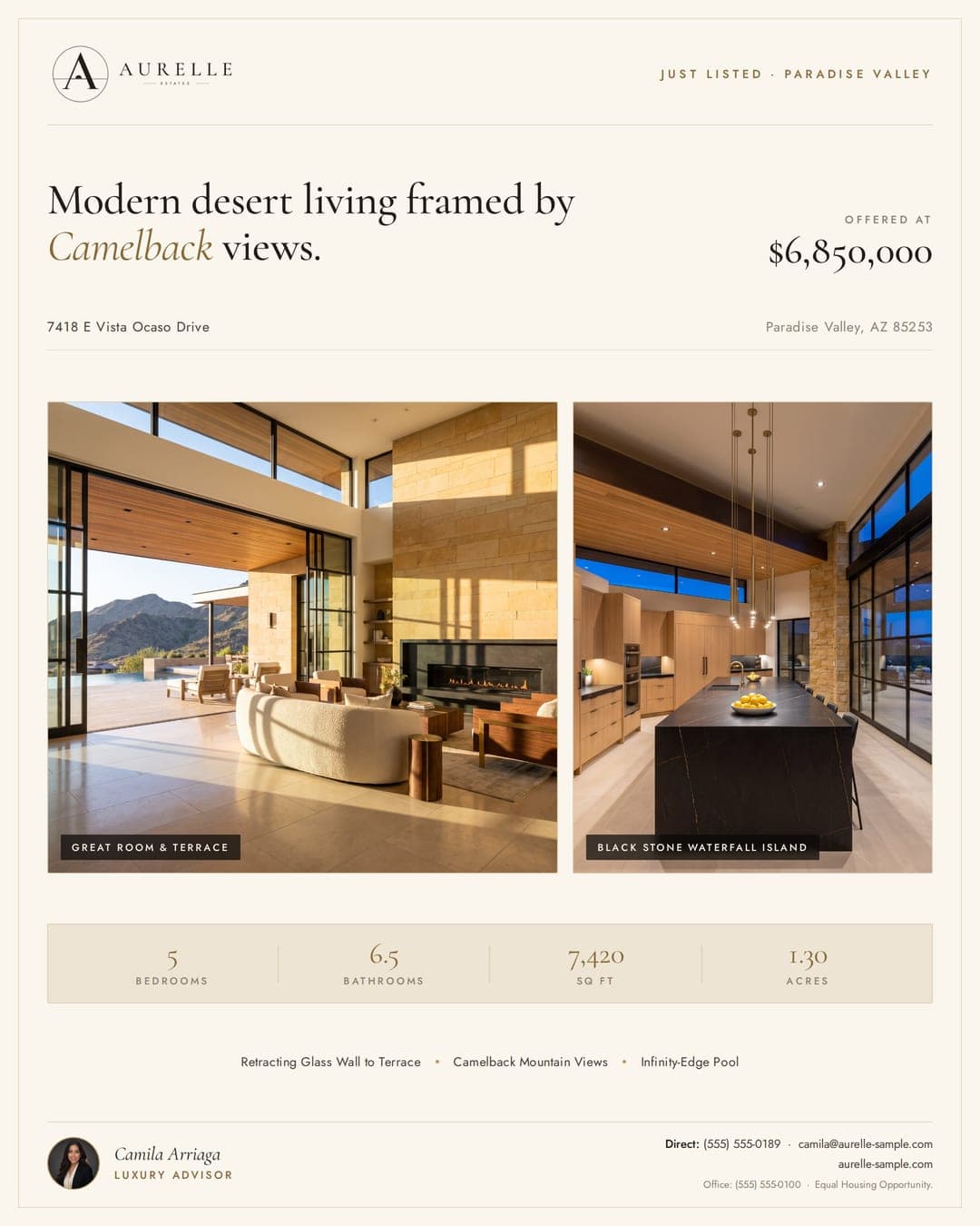 Camila's just-listed post: a light editorial page with a serif headline, the great room and kitchen photos side by side, and her headshot and contact info