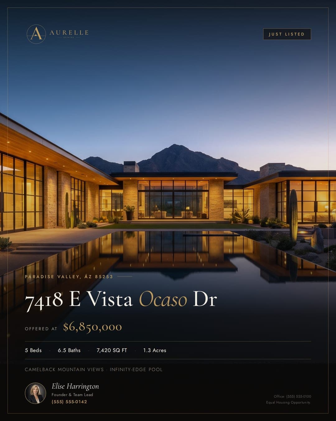 Elise's just-listed post: a full-bleed twilight photo of the home and pool, the address and price laid over it, her headshot, name and number at the bottom