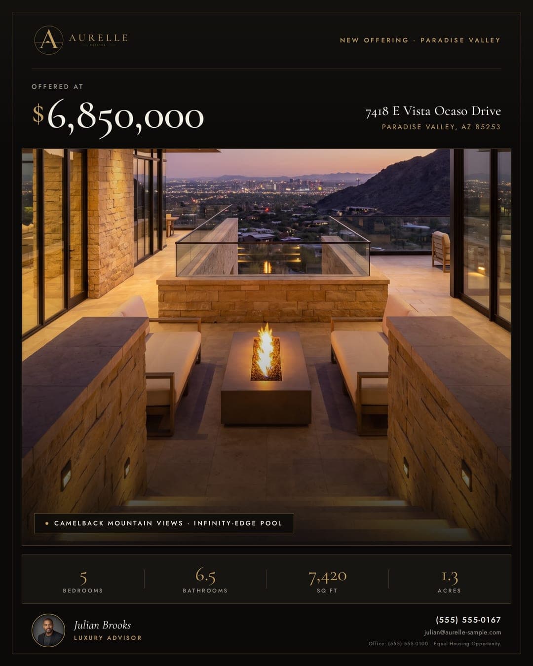 The finished design: Julian's just-listed post with the price up top, the terrace photo and his name and number at the bottom