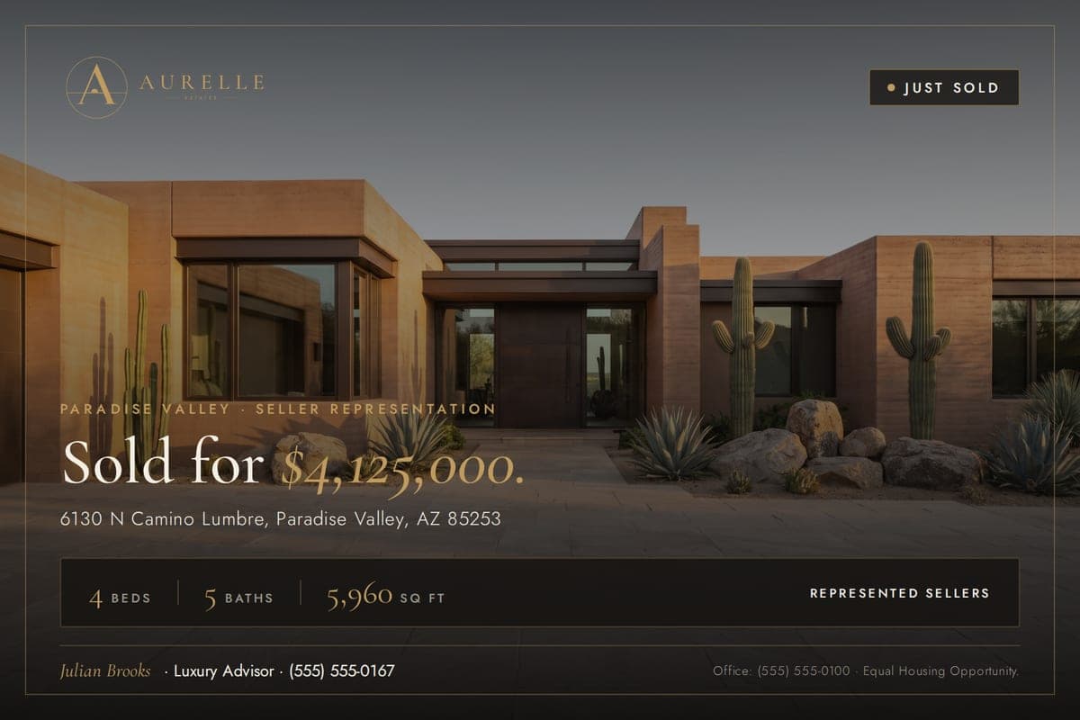 Julian's just-sold postcard front: 'Sold for $4,125,000.' over a desert modern home, with his name, number and the team's lines