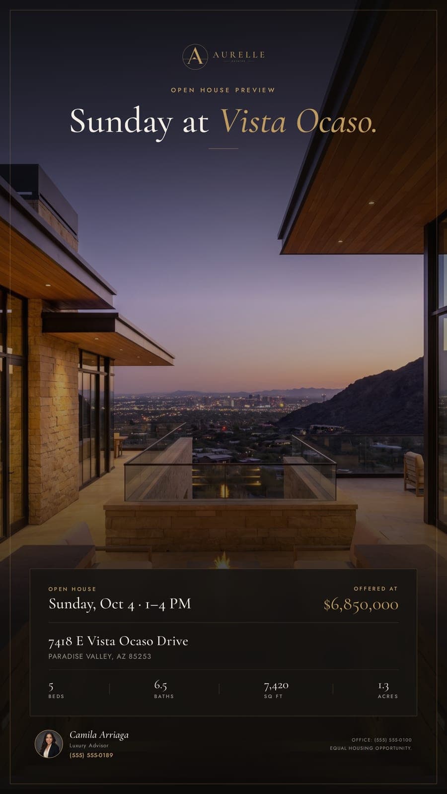 Camila's open-house Instagram story: 'Sunday at Vista Ocaso' over a dusk terrace photo, with the date, price, home facts and her headshot