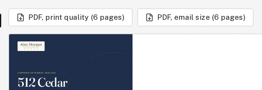 A finished CMA in the chat, with the print-quality and email-size PDF buttons circled.