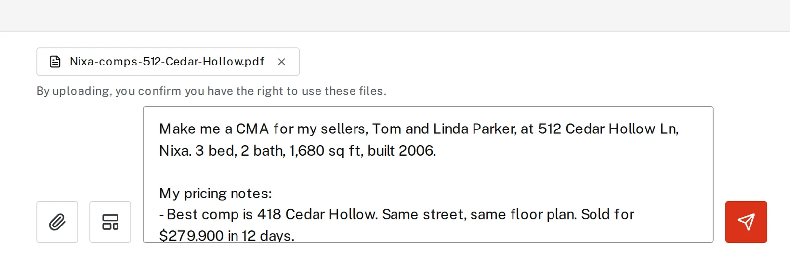 The comps PDF attached above the message box, with the CMA request typed in. The file and the send button are circled.