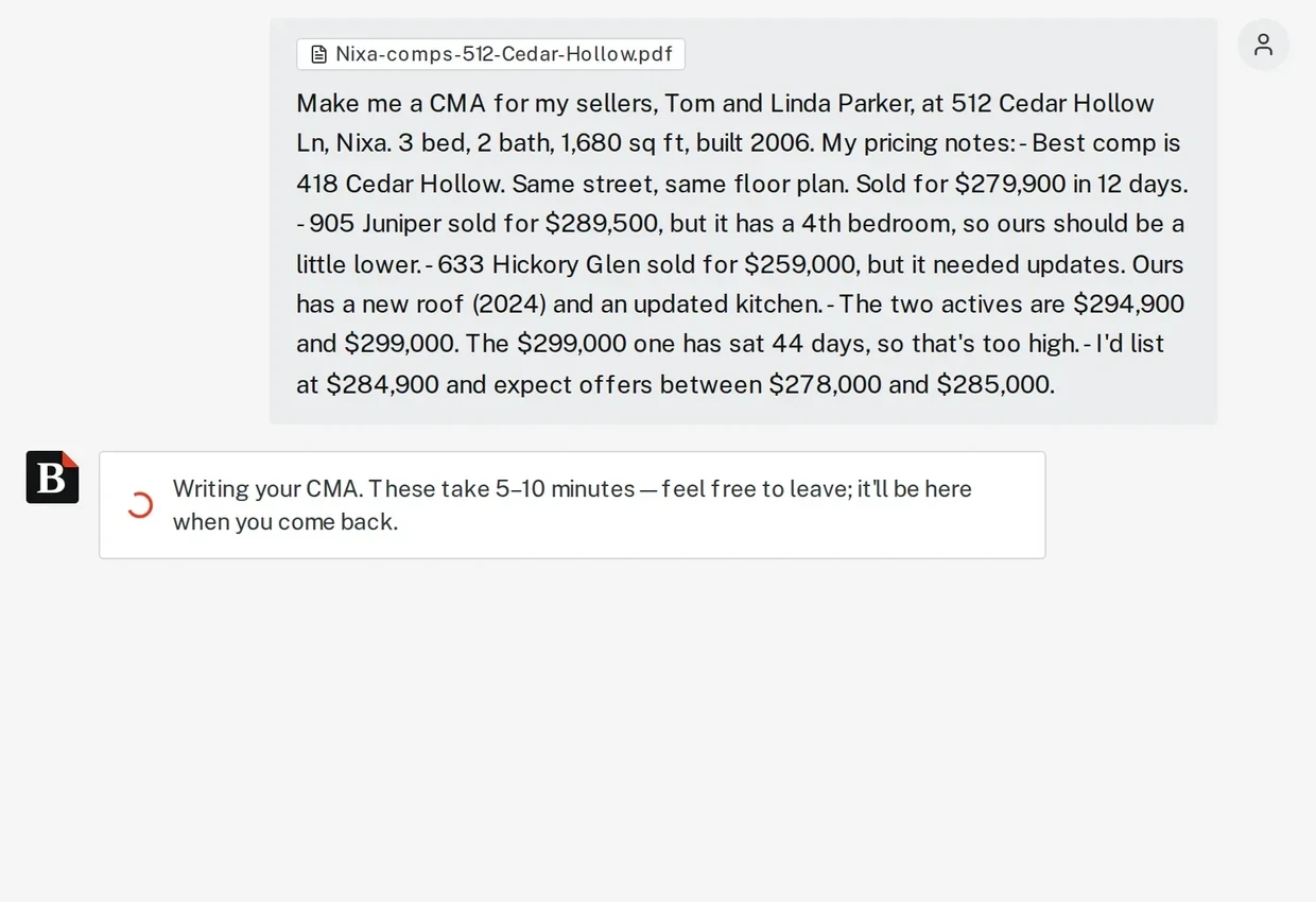 The chat after sending. A message says the CMA is being written and takes 5 to 10 minutes.