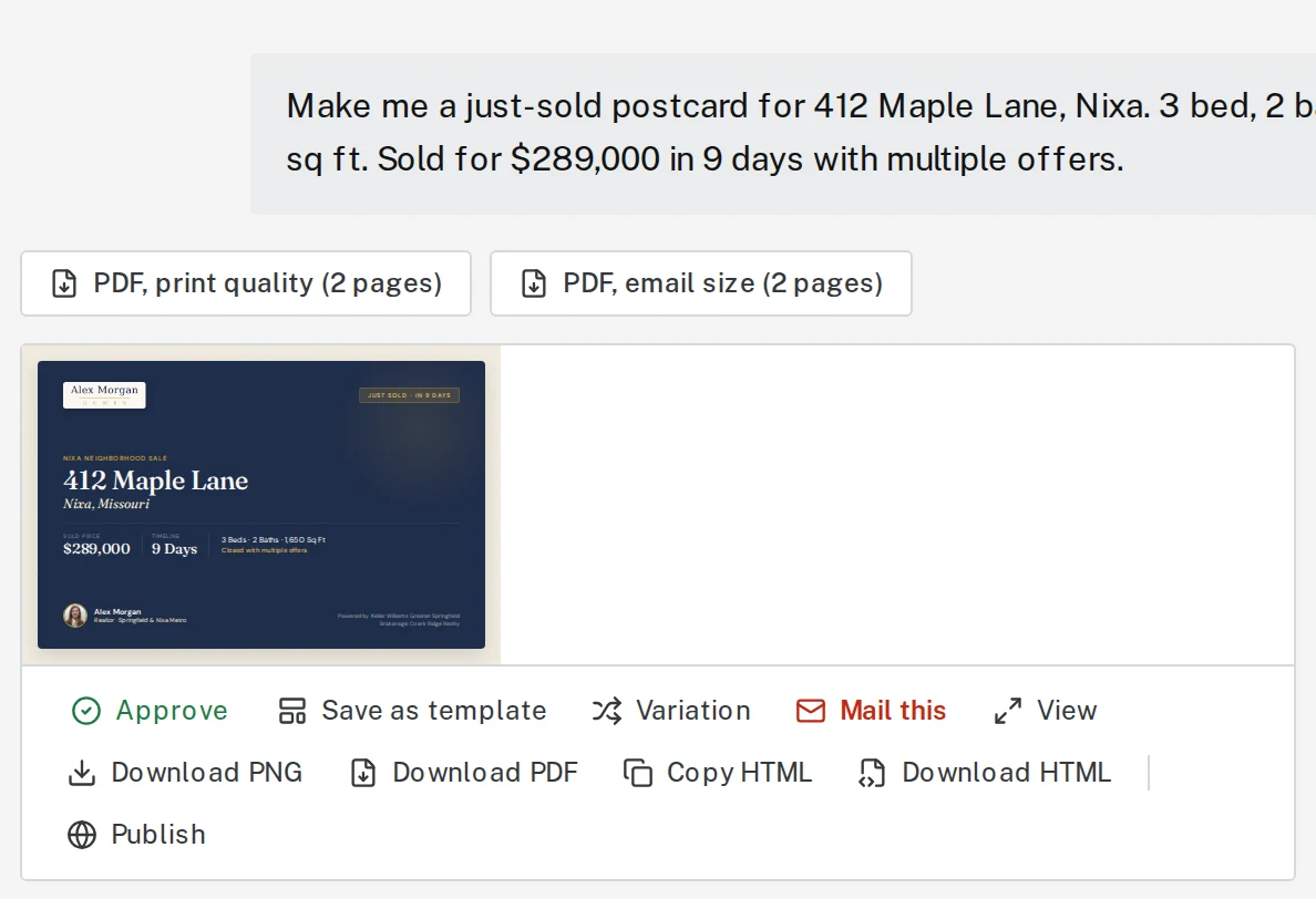 A finished just-sold postcard with its buttons. Mail this is circled.