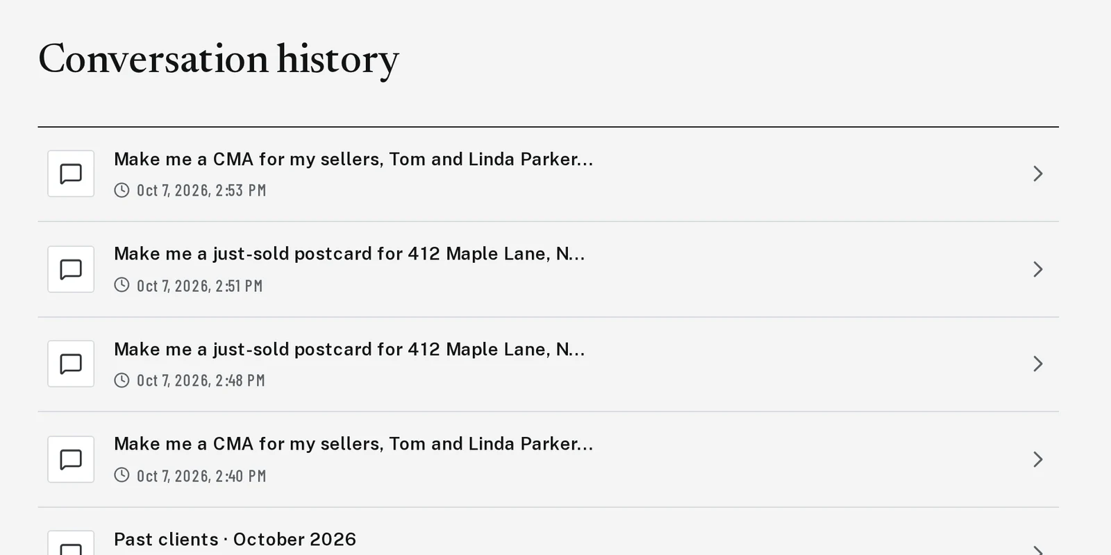 The Conversation history page with a list of past designs.