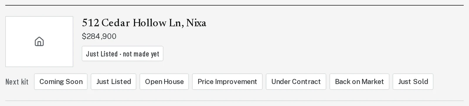 A listing under Your listings with a row of Next kit buttons.