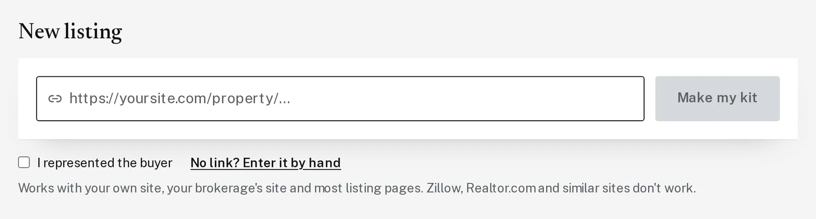The Listing Kit page. The link box and the Make my kit button are circled.