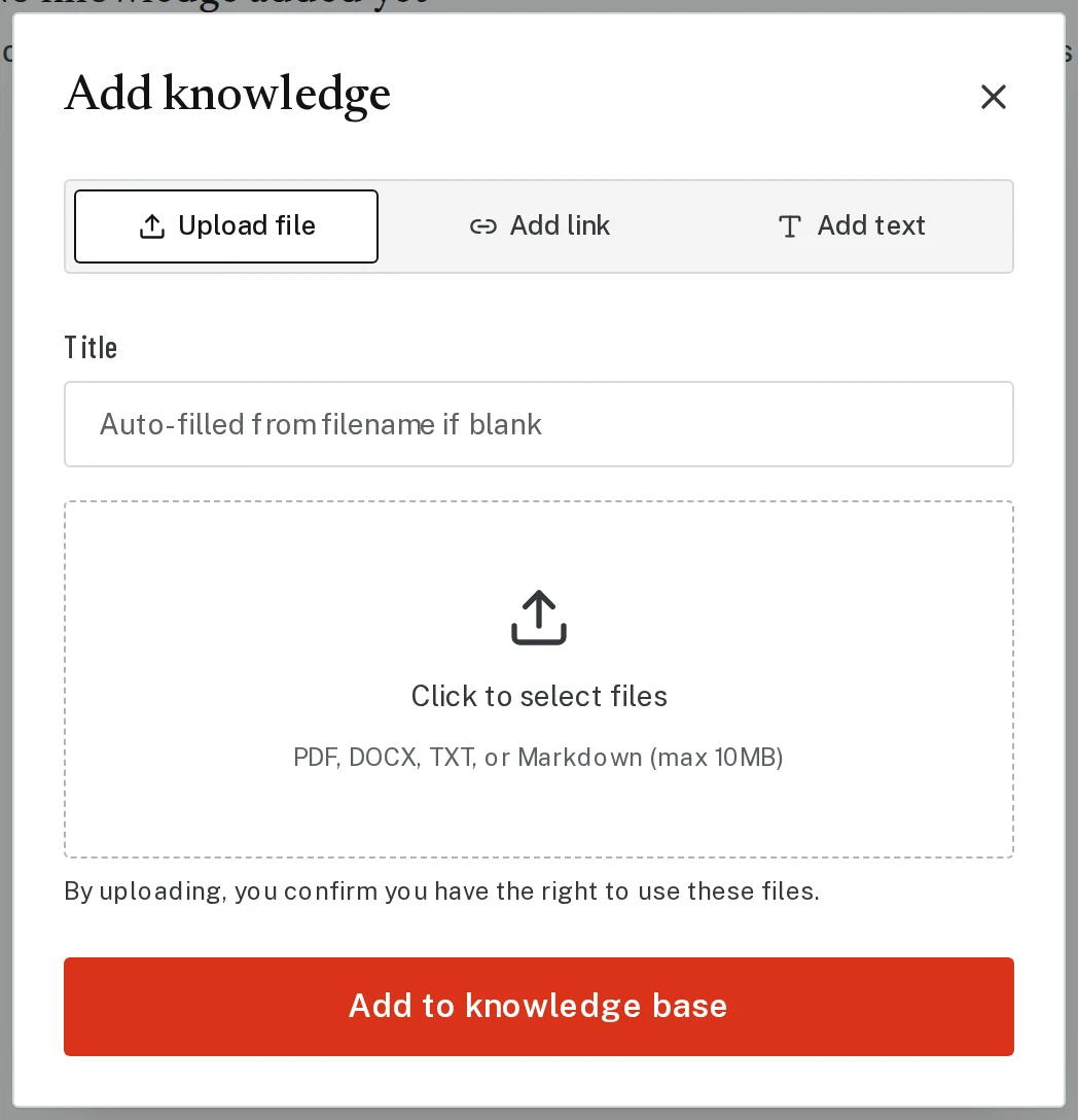 The Add knowledge window with tabs for Upload file, Add link and Add text.