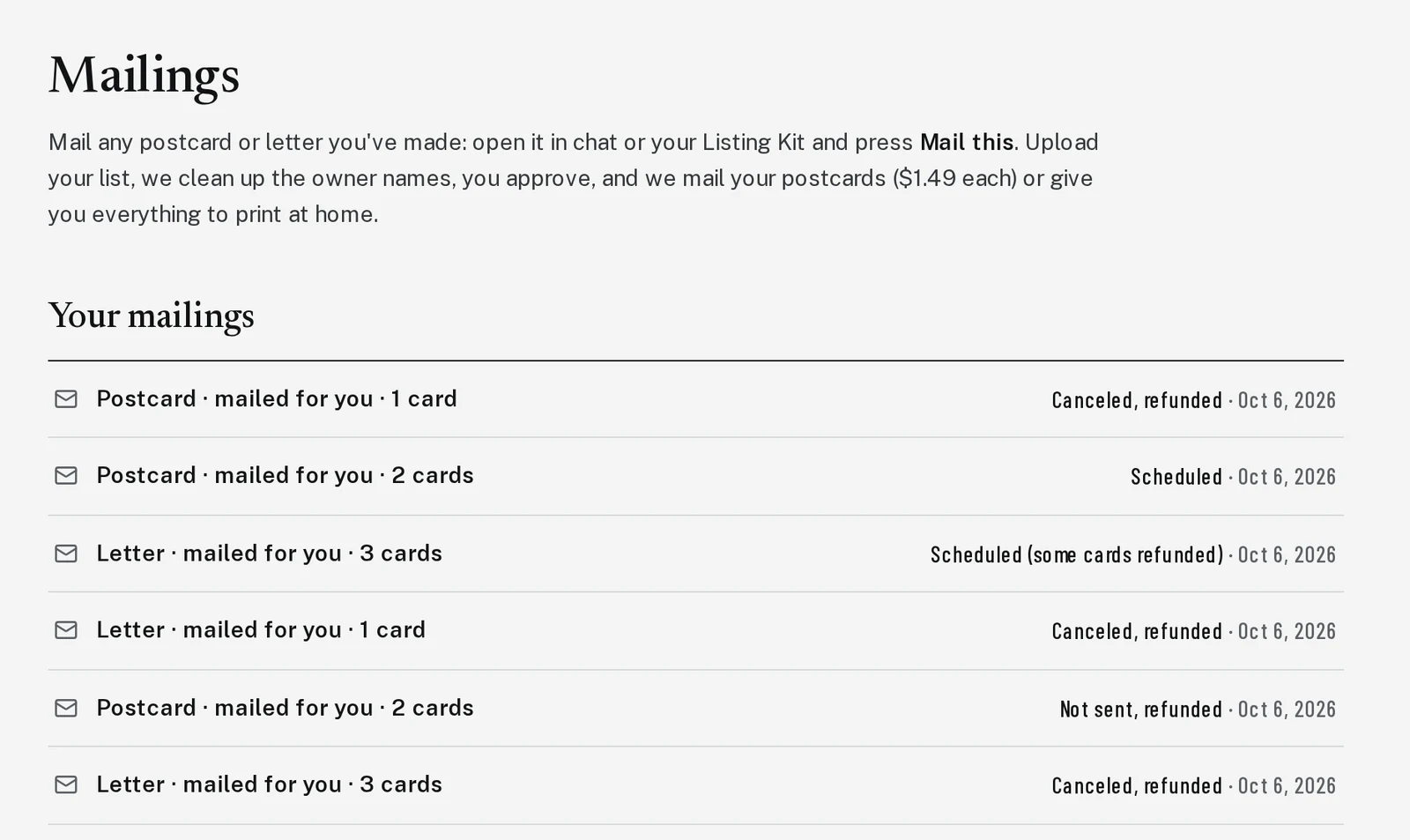The Mailings page listing past mailings and their status.