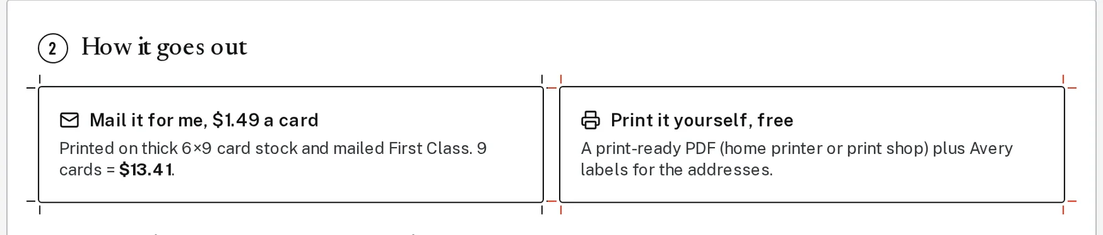 The How it goes out step with two choices: Mail it for me, and Print it yourself.