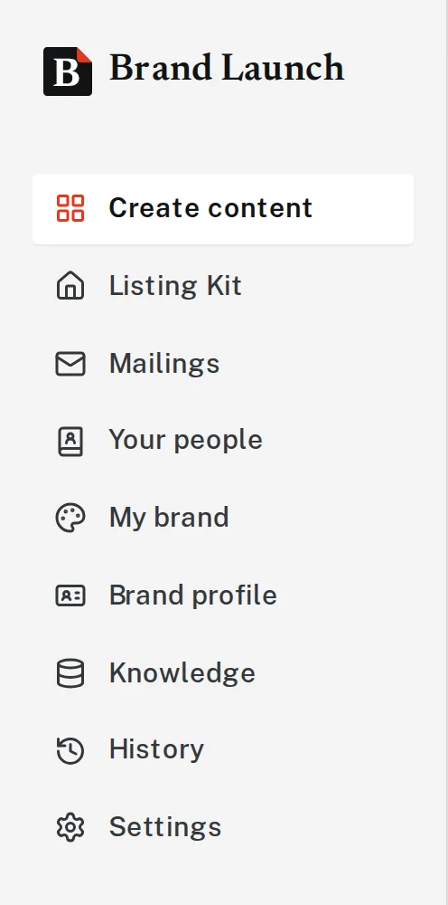 The Brand Launch menu: Create content, Listing Kit, Mailings, Your people, My brand, Brand profile, Knowledge, History and Settings.