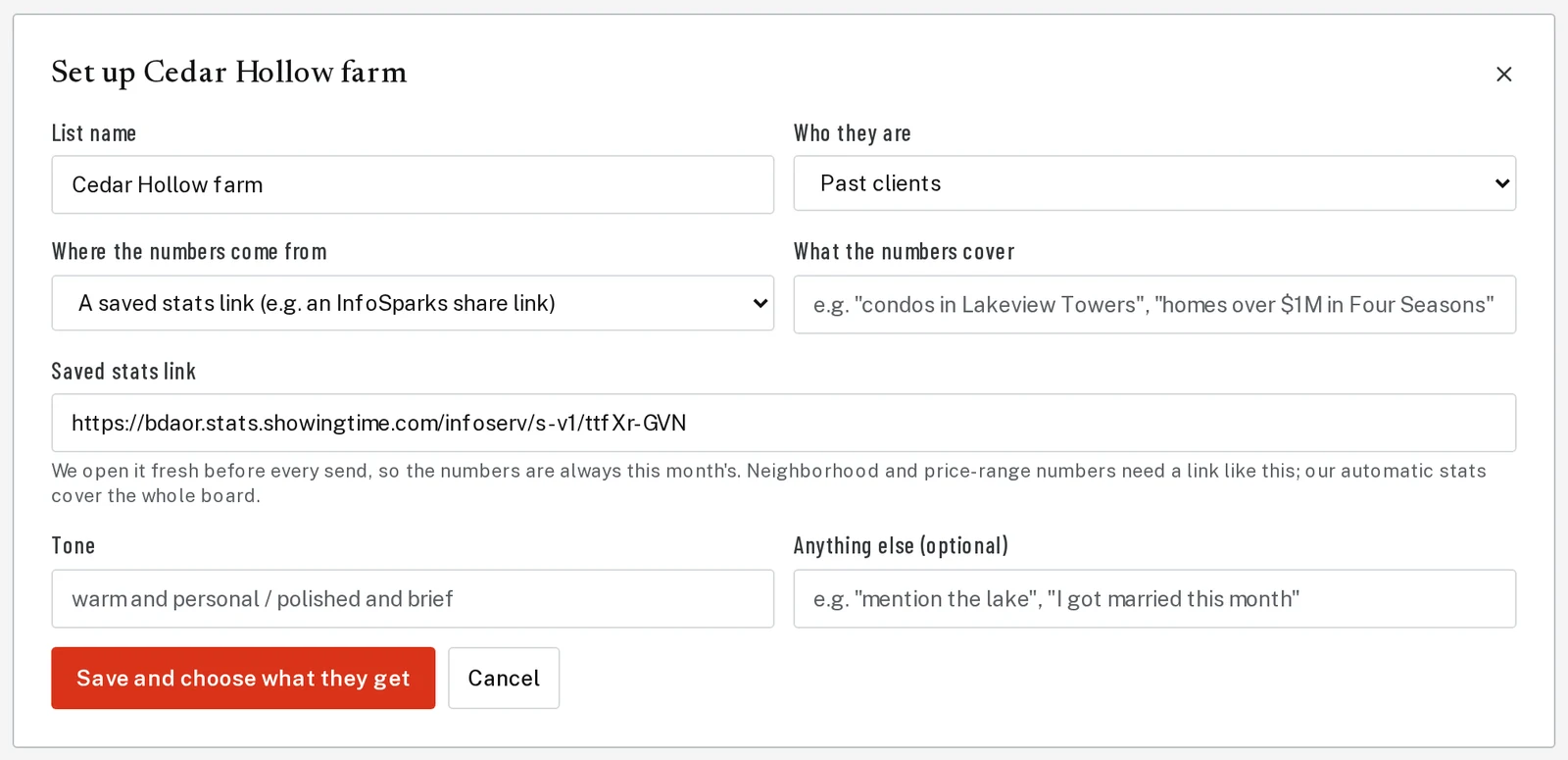 The list brief form. A saved stats link is chosen and an InfoSparks link is pasted below it.