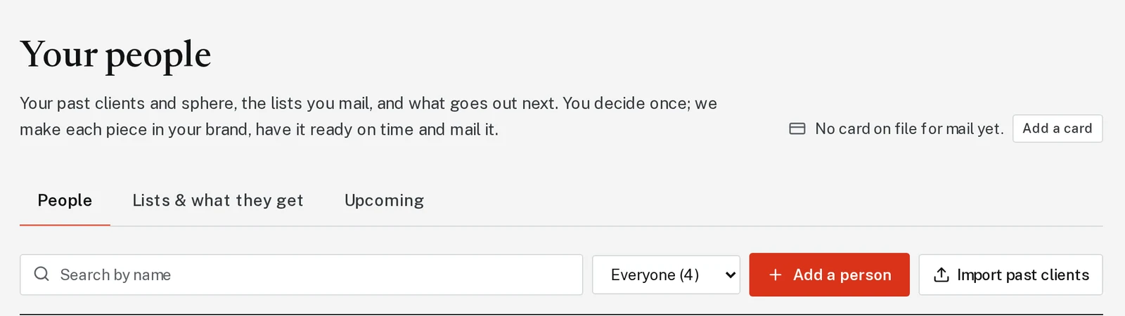 The Your people page. Add a person and Import past clients are circled.