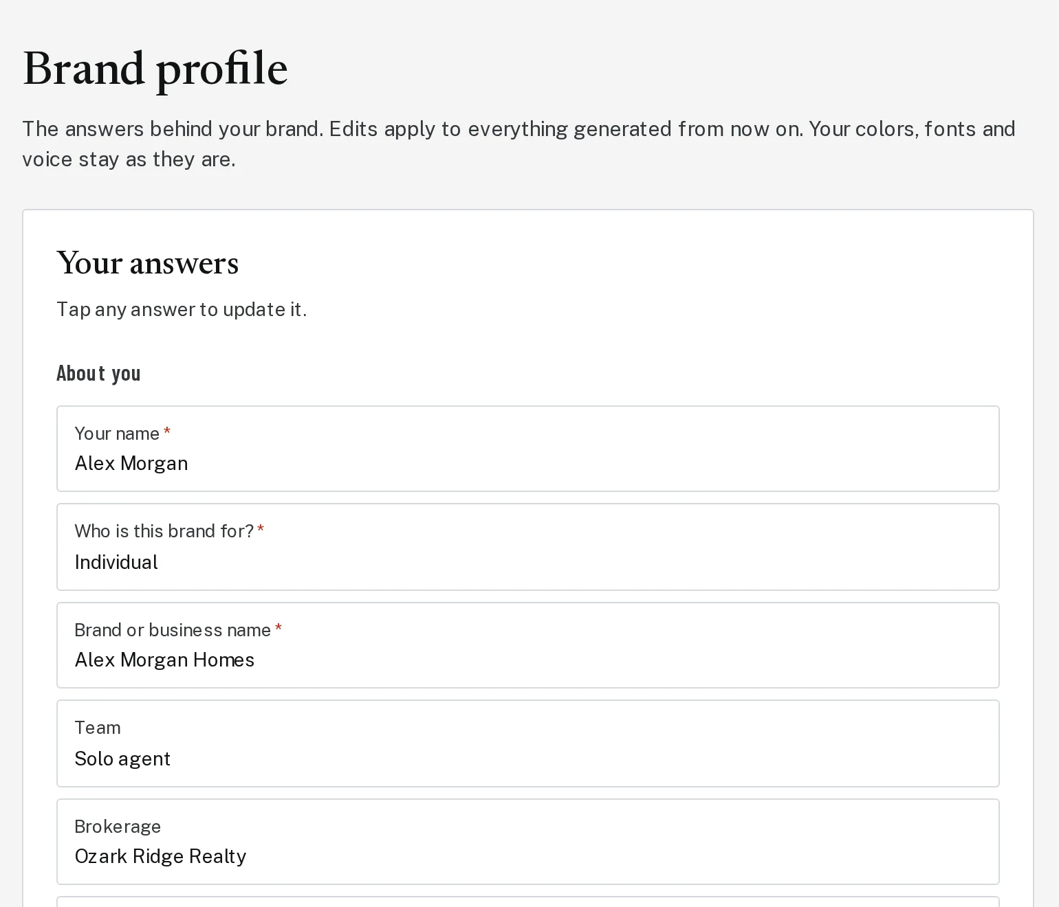 The Brand profile page listing your answers.