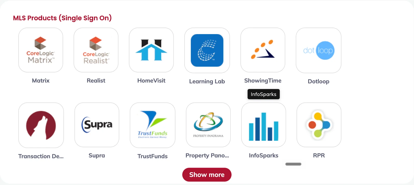 An MLS home page with a row of app tiles. The InfoSparks tile, which shows blue bars, is circled.